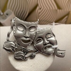 Vintage JJ Silver Comedy and Tragedy Mask Brooch